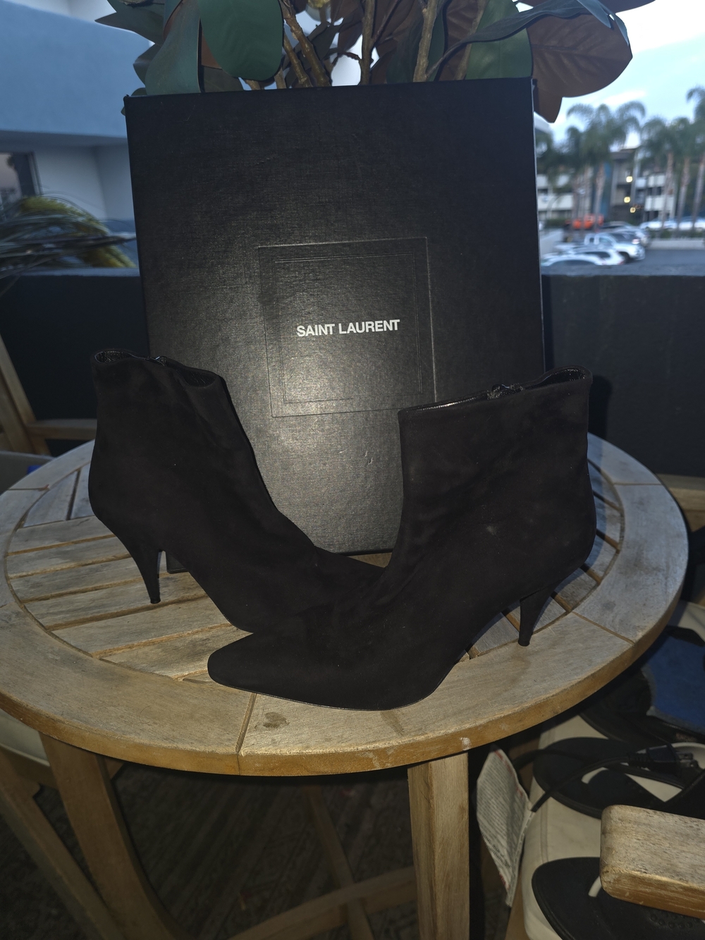 Saint Laurent Black Suede Pointed Toe Ankle Booties with Kitten Heel
